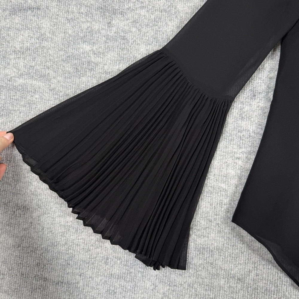 White House Black Market Size-2 Womens Blouse Bell Sleeve Black Tassel Pintuck - Picture 8 of 10